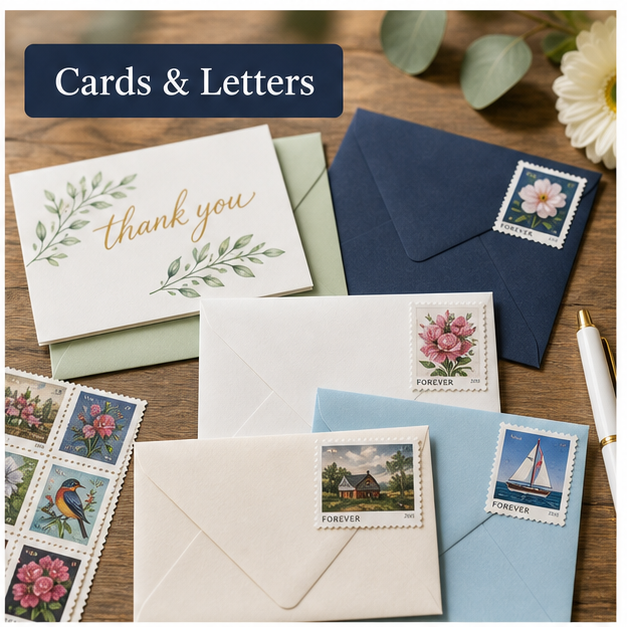 Forever Stamps on envelopes and thank-you cards for cards and letters