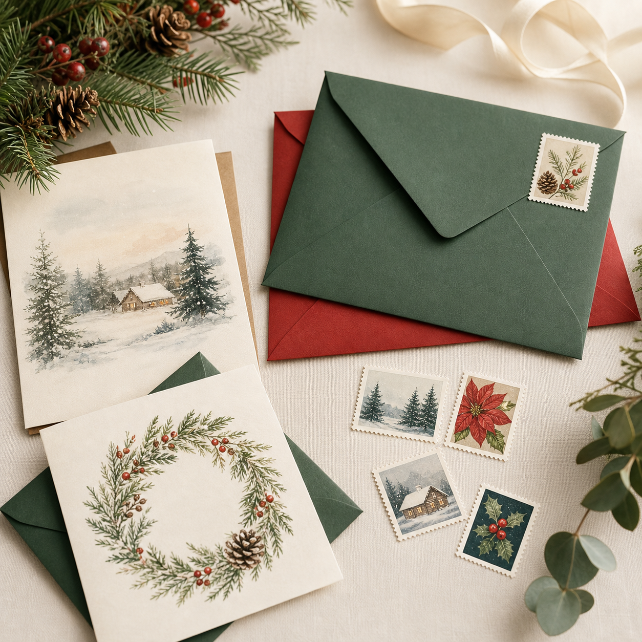 Holiday Forever Stamps with Christmas cards and seasonal envelopes
